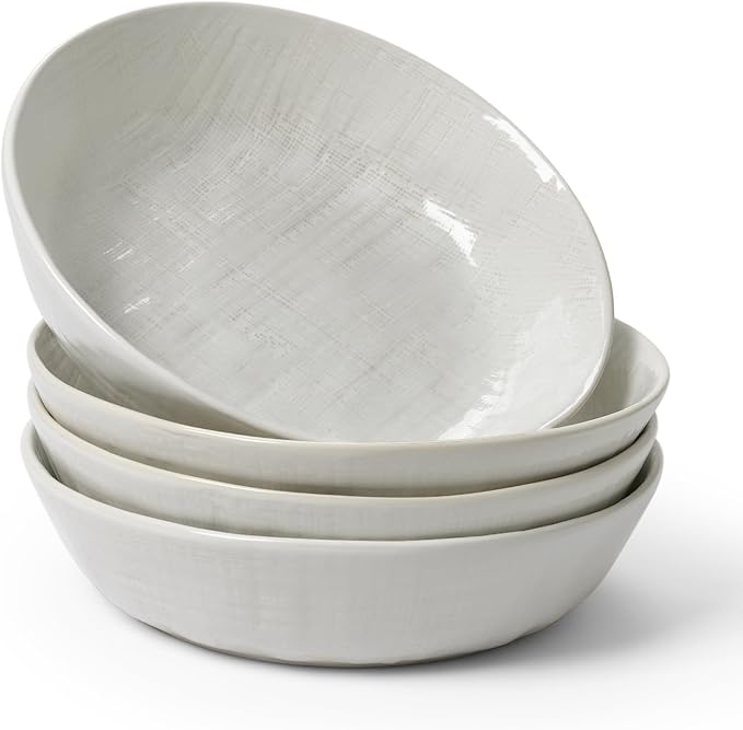 famiware Moonlight 8.5 Inch Pasta Bowls Set of 4, 32oz Serving Bowls for Kitchen, Soup Bowl with Linen Finish, Large Stoneware Bowls for Festivals, Housewarming, Dinnerware, White