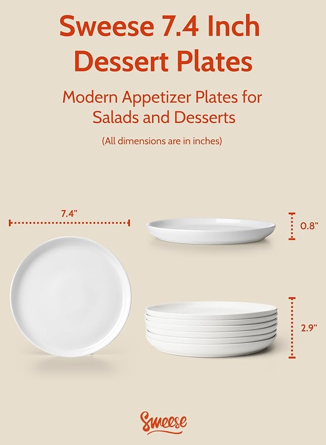 Sweese 7.4 Inch Porcelain Dessert Plates, Set of 6 - Stackable, Microwave Oven Safe - White