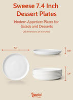 Sweese 7.4 Inch Porcelain Dessert Plates, Set of 6 - Stackable, Microwave Oven Safe - White