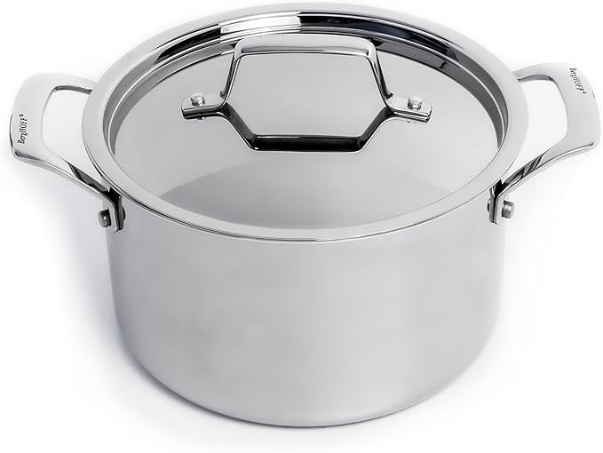 BergHOFF Professional Tri-ply 18/10 Stainless Steel Stockpot 8" 4 Qt. Safe Grip Handle Matching Lid Induction Cooktop Measurement Markings Inside Fast & Even Heat Oven Safe
