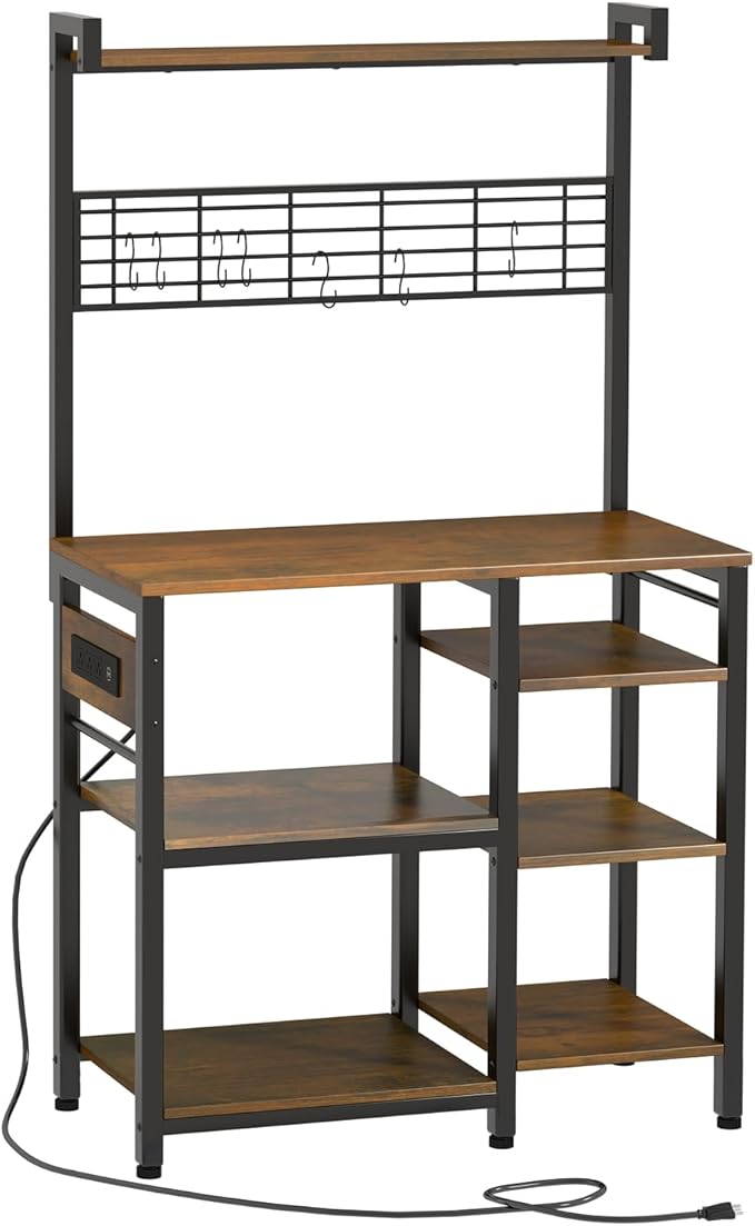 Large Bakers Rack with Power Outlet and Storage Space, 5-Tier Microwave Stand with Shelves, Multifunctional Kitchen Storage Rack with 7 Hooks,Coffee Bar Station, Rustic Brown