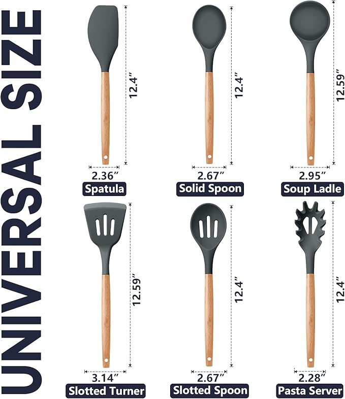P&P CHEF Cooking Utensils Set, 6 PCS Kitchen Utensils with Wooden Handle, Silicone Spatula for Nonstick Cookware, Easy Clean & Non-toxic, Gray
