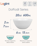 20 OZ Max White Opal Glass Cereal Bowl Set of 6, 6 inch Dishwasher & Microwave Safe Round Ribbed Bowls for Kitchen, Salad, Soup and Rice