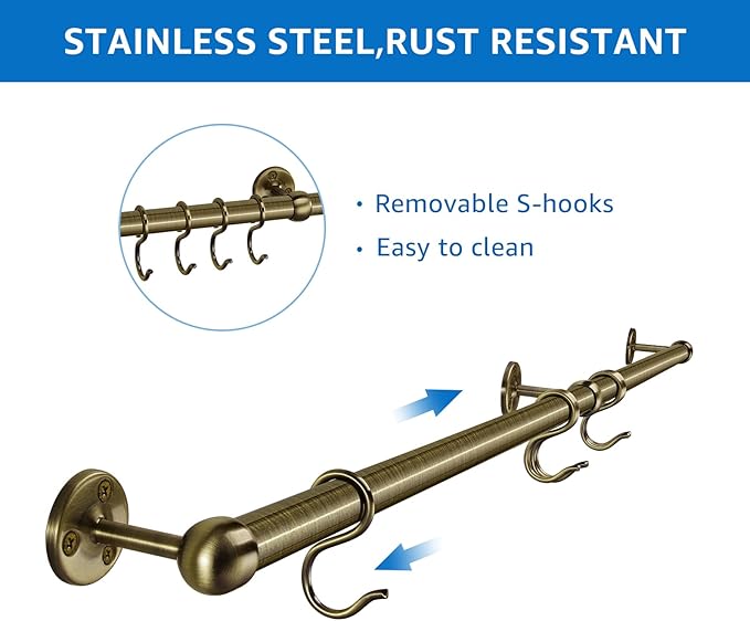 ROTHLEY Hanging Pot Rack Hanger: 39.4 Inch Stainless Steel Pot and Pan Hanger Pot Rack Wall Mounted Hanging Pots and Pans Rack Pot Hangers for Kitchen Wall Kitchen Rail with Hooks (Antique Brass)