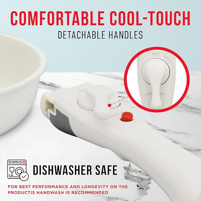 Pots & Pans Set Non Stick Ceramic-Granite – 14-Piece Cookware with Detachable Handles, Stackable Space-Saving, Dishwasher Safe, Stain-resistant, Oven & All-Stove Safe, Tempered Glass Lids, White Cream