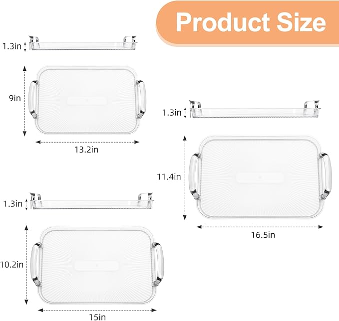 Set of 3 Serving Platters with Handles 16.5/15/13.2 Inch Reusable Large Serving Trays, Party Food Tray, Rectangular Dinner Plates for Cookie, Cake, Turkey, Cheese, Fruit, Snack(Transparent)