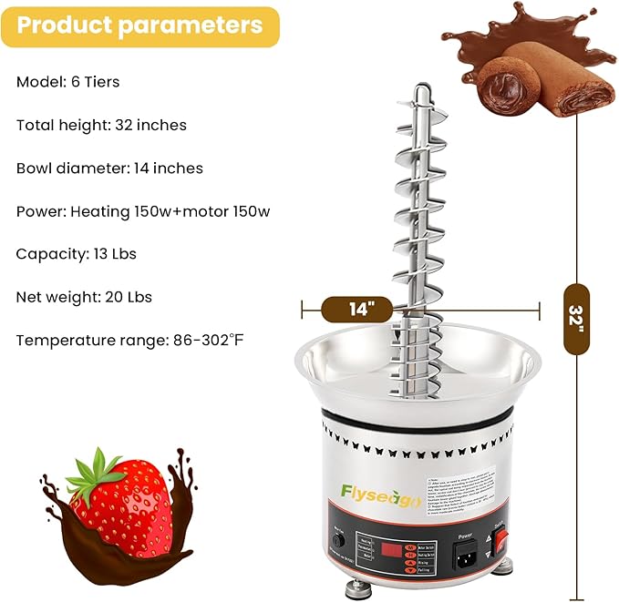 Commercial Chocolate Fountain 6-Tier 13Lbs Large Chocolate Fondue Tower Stainless Steel Hot Chocolate Waterfall Machine Easy Assembly for Nacho Cheese BBQ Sauce Ranch Liqueurs Digital-control