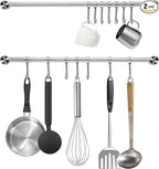 Kitchen Utensil Rack 2 Pack, 15.6 Inch Pots and Pans Hanging Rack Wall Mounted, 304 Stainless Steel Lid Cooking Utensil Hanger, 7 Sliding Hooks for Spatula Spoon, Measuring Cups, Coffee Mug