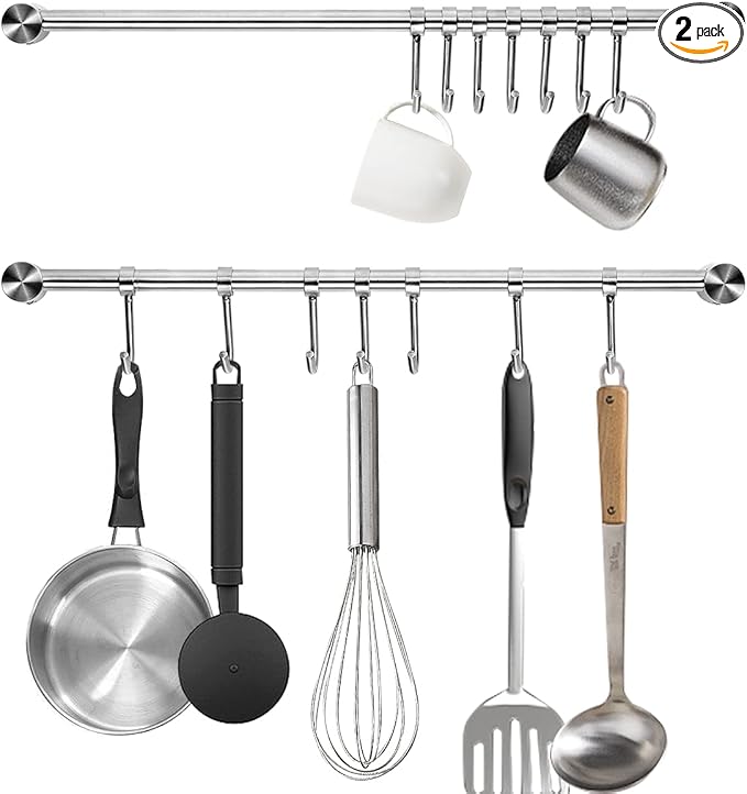 Kitchen Utensil Rack 2 Pack, 15.6 Inch Pots and Pans Hanging Rack Wall Mounted, 304 Stainless Steel Lid Cooking Utensil Hanger, 7 Sliding Hooks for Spatula Spoon, Measuring Cups, Coffee Mug