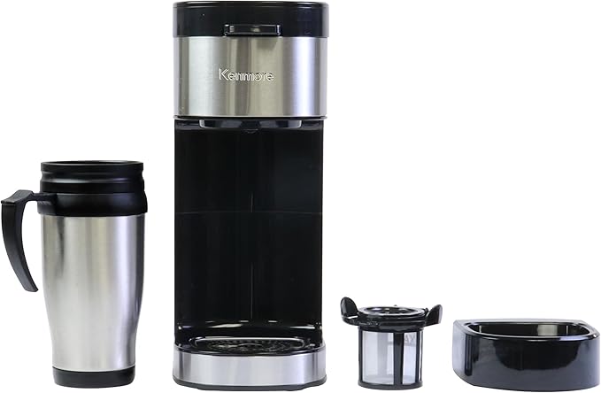 Koolatron Kenmore Single Serve Coffee Maker & Stainless Steel Travel Mug, Capsule/Pod & Ground Coffee Brewing, K Cup Compatible, Hot & Iced Coffee Machine, 6 to 14 Oz Brew Sizes, Auto Shut-Off, Black