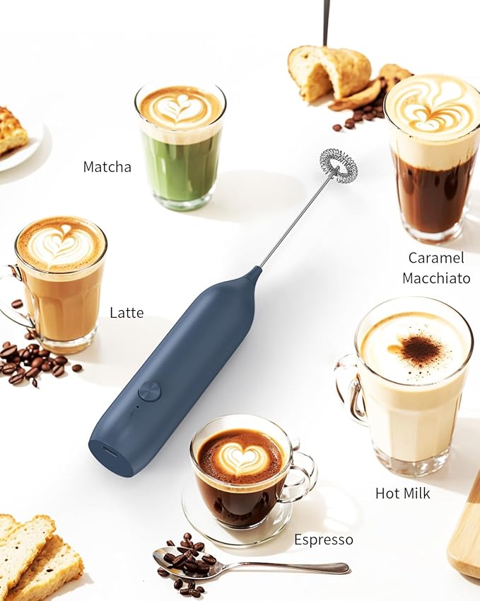 CIRCLE JOY Rechargeable Milk Frother Handheld with Stand, Coffee Frother Wand Drink Mixer with Dual Spring Whisk for Coffee, Cappuccino, Lattes, Frappe, Matcha and Hot Chocolate, Blue