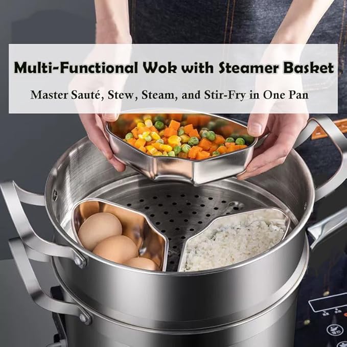 14 Inch Hybrid Stainless Steel Wok with Lid & Steamer Basket,Nonstick Stir Fry Pan, PFOA-Free,Stay-Cool Handle,Works on Induction,Dishwasher & Oven Safe