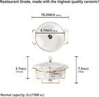 8" Ceramic Casserole Dish with Glass Lid and Gold rack, 2 Quart Serving Soup Tureen,Chafing Dish for Buffet, Family Food preserve Tray, Catering Casserole for Party Style