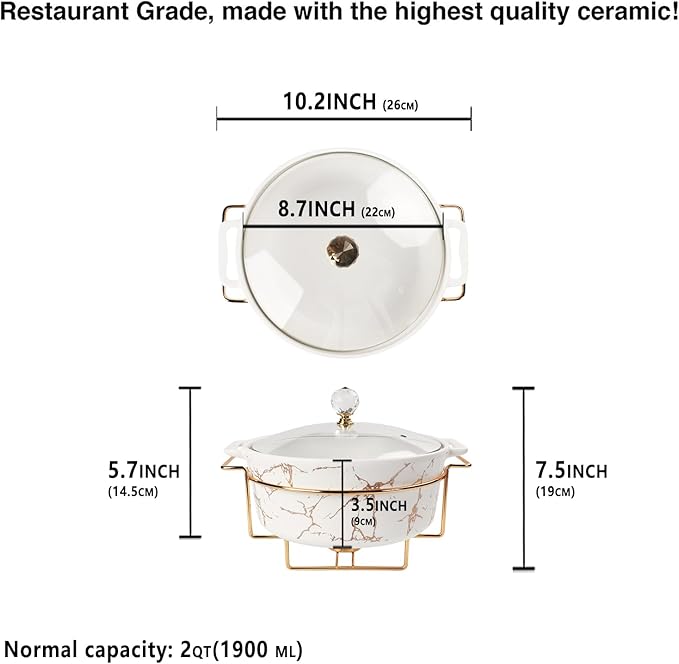 8" Ceramic Casserole Dish with Glass Lid and Gold rack, 2 Quart Serving Soup Tureen,Chafing Dish for Buffet, Family Food preserve Tray, Catering Casserole for Party Style