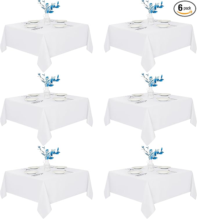 Fitable 6 Pack White Square Tablecloths - 70 x 70 Inches - Stain Resistant and Reusable Table Clothes, Polyester Fabric Table Covers for Dining, Card Tables, Coffee Tables