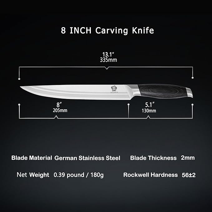 WILDMOK Carving Knife 8 Inch, Profession Meat Cutting Knife, German Stainless Steel BBQ Knife with Ergonomic Handle, Gifts Packed