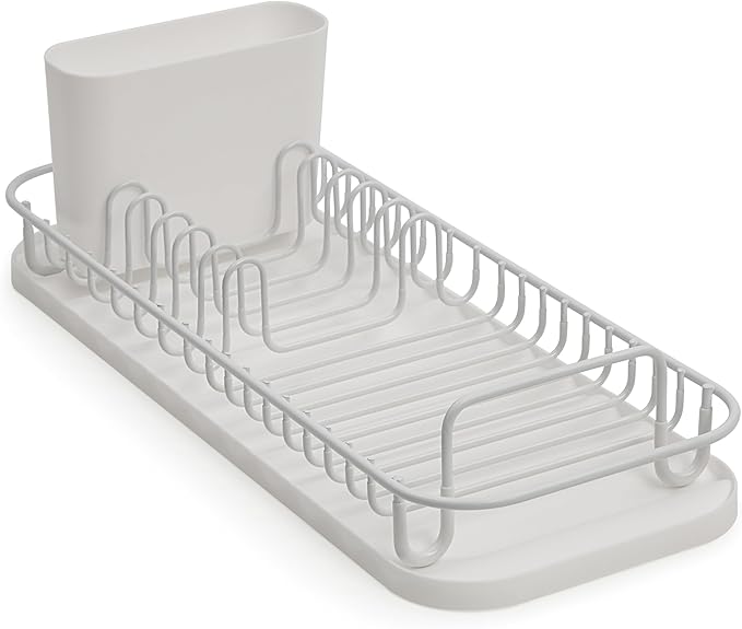 SunnyPoint 304 Stainless Steel NeverRust Compact Dish Drying Rack with Utensil Holder & Removable Drain Tray, Rustproof Small Dish Rack for Kitchen Countertop or Over Sink – White