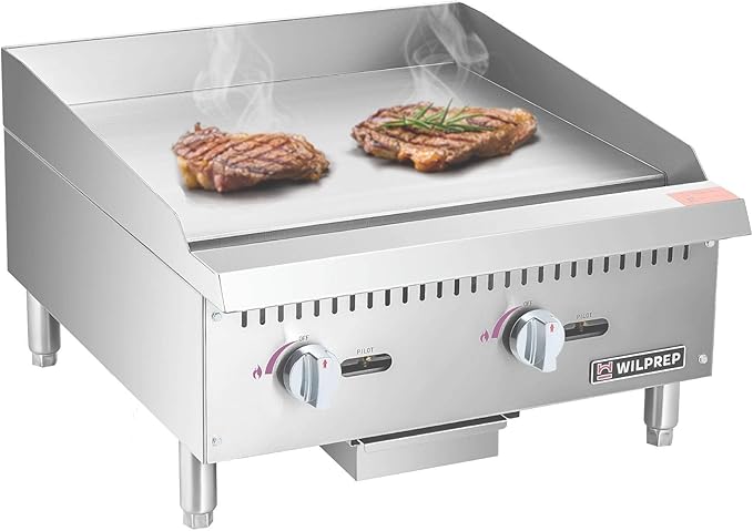 WILPREP Commercial Gas Griddle, 24 in. Gas Countertop Griddle with 2 30000 BTU U-Shaped Burners, NG LPG Compatible Flat Top Grill Hot Plate with Independent Knob Controls for Home Commercial Kitchen
