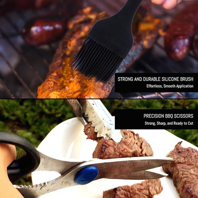 BBQ Accessories 24 in 1. Outdoor Grill Tools with Fork, Tong, Skewers, Digital Meat Thermometer - No Battery Included. Complete Grilling Tools kit with Portable Bag