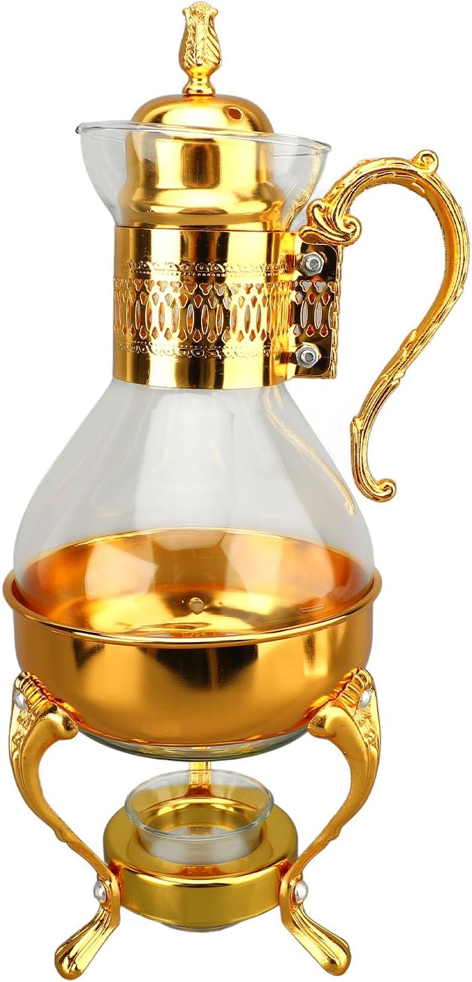 Fockety Vintage Turkish Coffee Pot Set, Decorative Glass Teapot, Heatable Glass Tea Kettle with Lid and Cup, Multi-Purpose Beverage Kettle, Unique Design, Gold