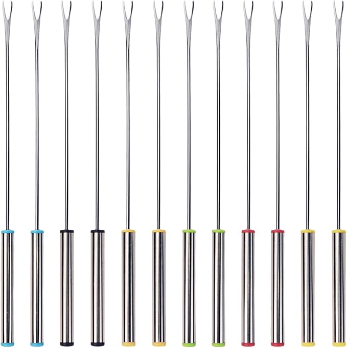12Pcs Stainless Steel Fondue Forks, 6 Color Cheese Fondue Forks with Heat Resistant Handle, Smores Sticks for Chocolate Fountain Roast Marshmallows Dessert Fruits(9.5 Inch)