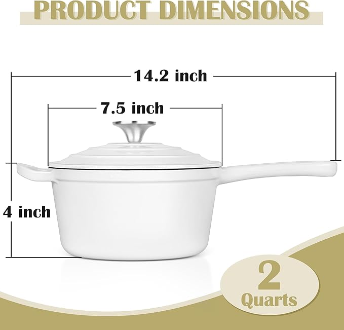 E-far Enameled Cast Iron Sauce Pan, 2 Quart Dutch Oven Saucepan with Lid, Small Sauce Pot for Cooking, Boiling, Healthy & Non Toxic, Induction & Oven Safe, White