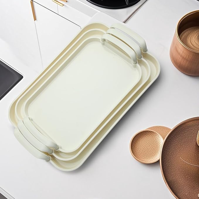Serving Tray with Handles Set of 3 Rectangular Large Serving Platters 18.3/16.7/14.8 Inch White Plates for Dinner, Party, Entertaining, Cream