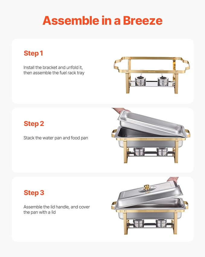 VEVOR Chafing Dish Buffet Set, 8 Qt 4 Pack, Stainless Steel Chafer with 4 Full Size Pans, Rectangle Catering Warmer Server with Glass Lid Water Pan Folding Stand Fuel Holder, for Wedding Party Banquet