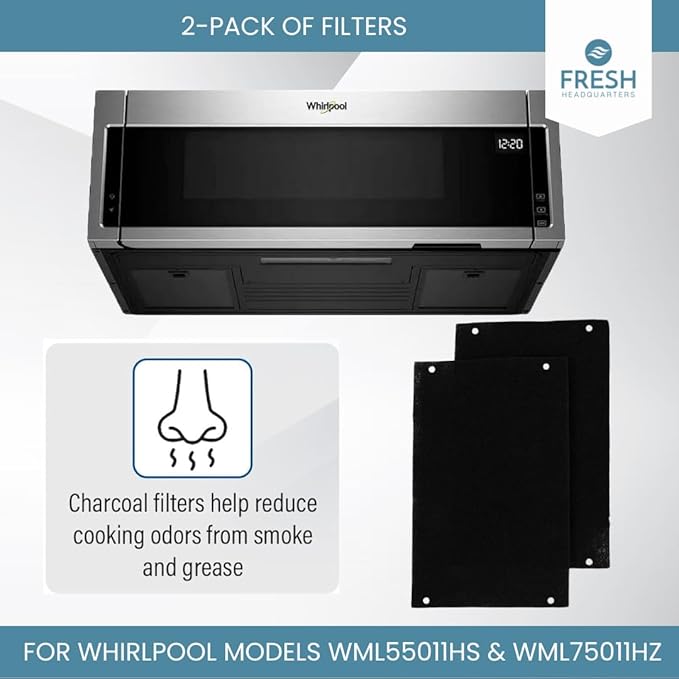 2-Pack Activated Carbon Charcoal Microwave Hood Filters - 10.25" x 7.125" Microwave Hood Filters - Compatible with Whirlpool WML55011HS & WML75011HZ Low‑Profile Models, Made in USA