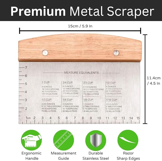 Premium Stainless Steel Dough Cutter and Scraper - Versatile Kitchen Utensil for Bread, Pizza, and Flat Top Griddles - Commercial Grade Bench Scraper and Chopper