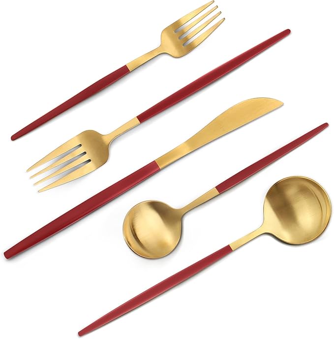 Matte Red Gold Silverware Set, 20-Piece Stainless Steel Flatware Set, Satin Finish tableware Cutlery Set, Service for 4, Home and Restaurant, Dishwasher Safe