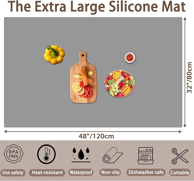 Silicone Mats for Kitchen Counter, 48"x32"(120cmx80cm) Large Heat Resistant Mat Kitchen Island Waterproof Countertop Protector Mat Nons-slip Extra Large Counter Mat, Semitransparent