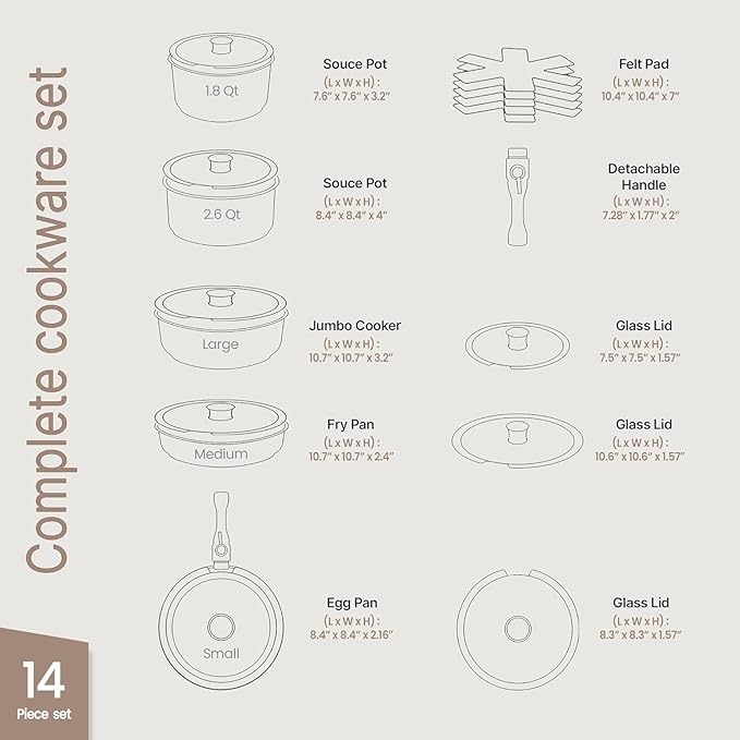 Pots & Pans Set Non Stick Ceramic-Granite – 14-Piece Cookware with Detachable Handles, Stackable Space-Saving, Dishwasher Safe, Stain-resistant, Oven & All-Stove Safe, Tempered Glass Lids, White Cream