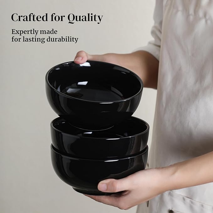 DOWAN 22 OZ Ceramic Soup Bowls & Cereal Bowls - 6" Classic Bowls Set of 4 for Soup, Cereal, Oatmeal, Fruit, Rice - Dishwasher & Microwave Safe (Black)