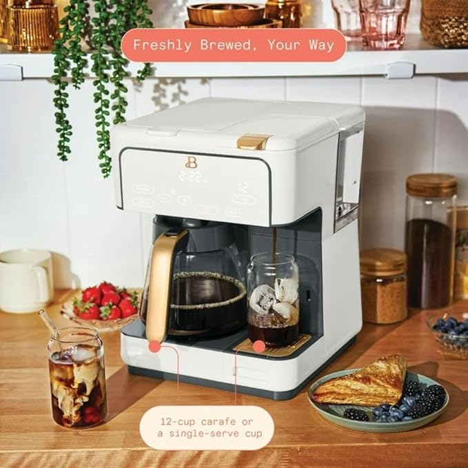 Beautiful by Drew Barrymore Multi-Brew Coffee Maker, 12-Cup Carafe + Single-Serve, Pods or Grounds, Over Ice, Touch Display. (White Icing)