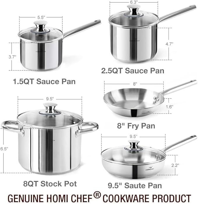 HOMICHEF 14-Piece Nickel Free Stainless Steel Cookware Set - Nickel Free Pots and Pans Set - Non-Toxic, Healthy Induction Cookware