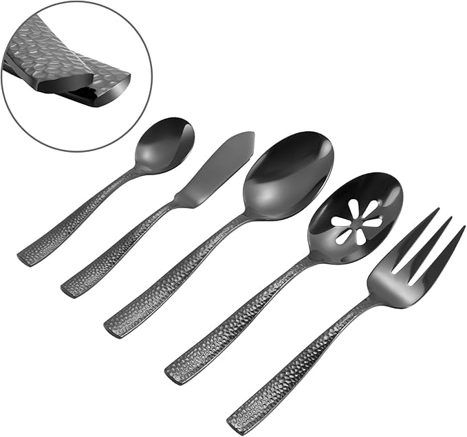 Stainless Steel Silverware Serving Set Hammered Black Mirror Finished 5 Piece Serving Utensil Set Flatware Set