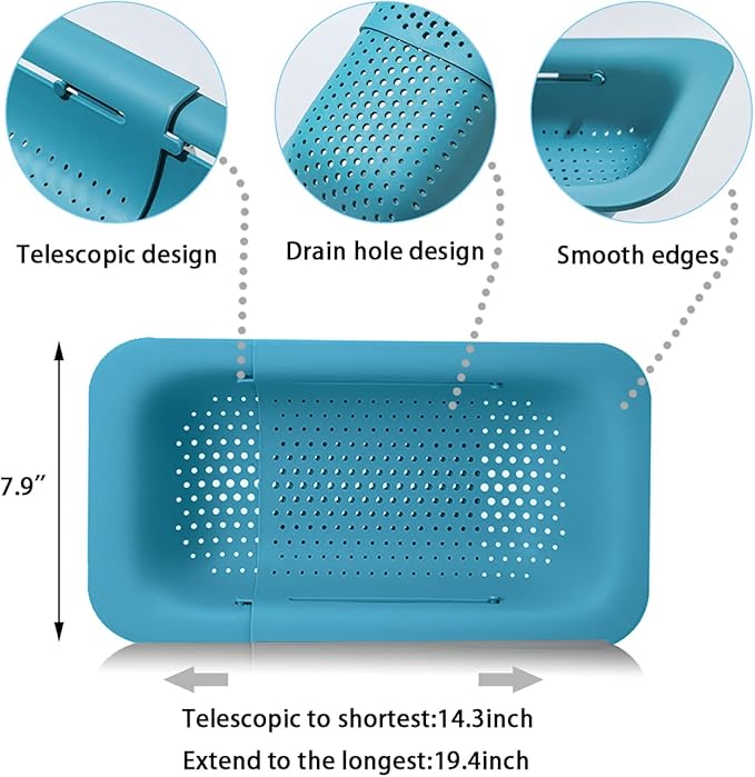 Collapsible Sink Colanders and Strainers Basket Over the Sink Colander Collapsible Colander Extendable Plastic Fruit Vegetable Strainer Drainer Basket for Kitchen(Green )