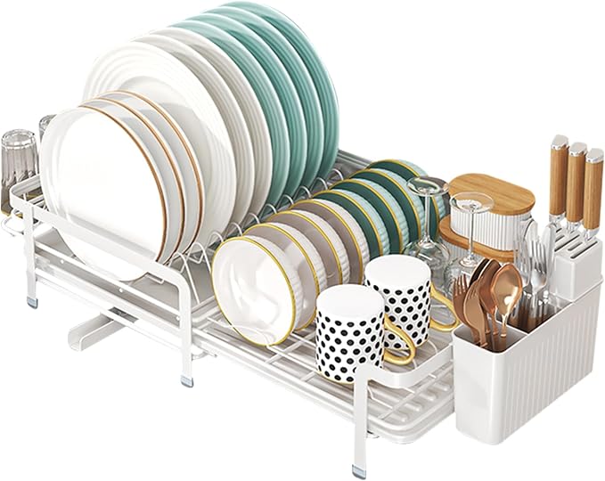 Large Dish Drying Rack with Drainboard,Expandable Dish Rack for Kitchen Counter, Utensil Holder & Cup Hooks,Rustproof Stainless Steel Drying Dish Rack 23.6’’L x 12.6’’W,White