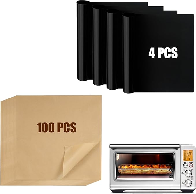 Air Fryer Liners Compatible with Breville BOV900BSS the Smart Oven Air Fryer Pro, 100 PCS Unbleached Parchment Paper Disposable with 4 PCS AirFryer Oven Liners Accessories for Breville Toaster Oven