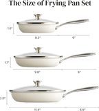 Redchef Nonstick Cookware Sets, Frying Pan Set with Tempered Glass Lids, Ceramic Cookware Set, Stay-Cool Handles, Dishwasher & Oven Safe, Compatible with All Cooktops, Beige (8+9.5+11 Inch)