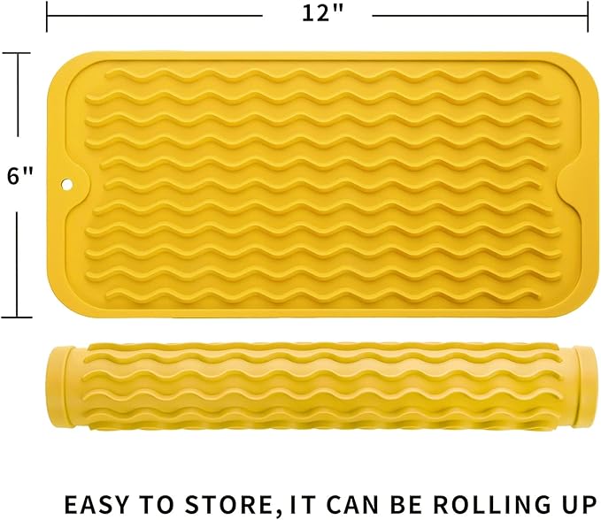 Silicone Dish Drying Mat for Multiple Usage,Easy clean,Eco-friendly,Heat-resistant Silicone Mat for Kitchen Counter or Sink,Refrigerator or Drawer Liner Yellow S 12 inches x 6 inches