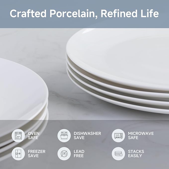 White Ceramic Dinner Plates Set of 8, 10 inch, Salad Plates, Pizza Plates, Dinnerware Sets, Microwave & Dishwasher Safe