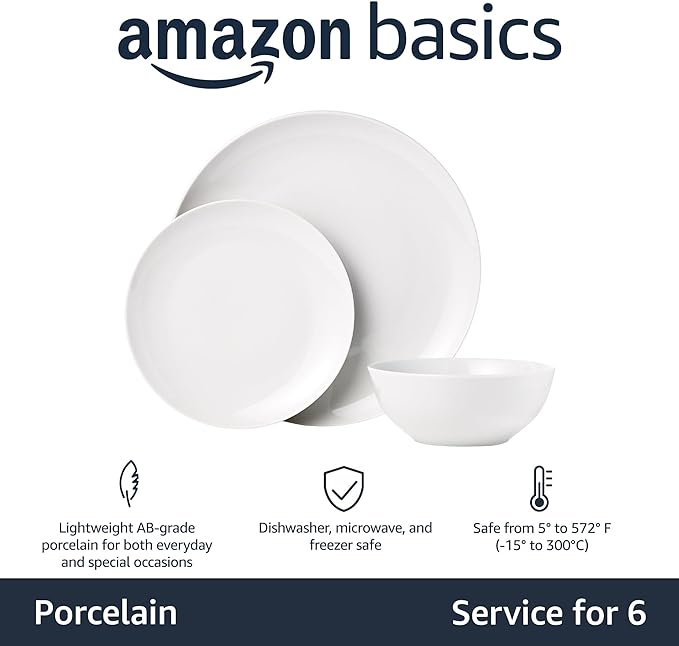 Amazon Basics Dinnerware Set, Microwave and Dishwasher Safe, Service for 6, 18-Piece Complete Kitchen, Plates, Dishes, Bowls, White Porcelain Coupe