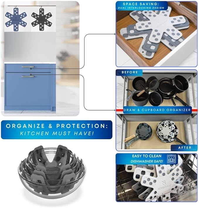 Dual-Use Silicone Pan Protectors for Stacking & Trivets for Hot Dishes | Silicone Trivet Mat | Perfect for Pot and Pan Protectors for Stacking | Cookware Protectors for Stacking (S-BLU/BLU)