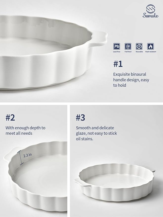 Ceramic Pie Pan For Baking,13Inch Round Baking Dish With Double Handle,Pie Plate With Ruffled Edge-Microwave, Dishwasher, and Oven Safe