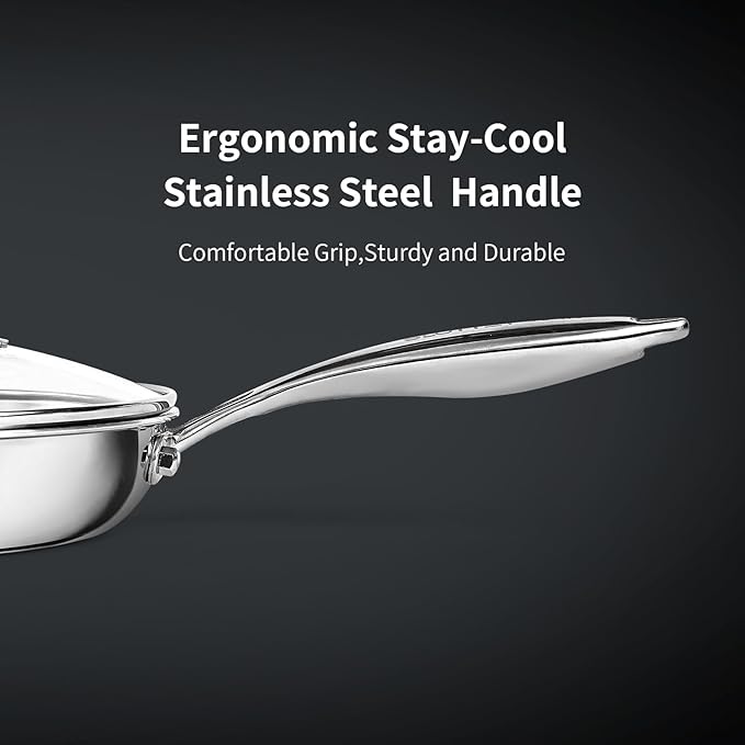 10 Inch Tri-Ply Stainless Steel Frying Pan,Whole-Clad No Coatings Skillet with Stay-cool Handle for Cooking,Dishwasher and Oven Safe,Induction Pans