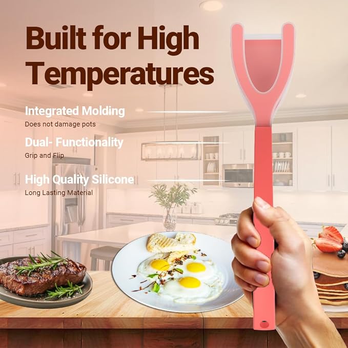 Silicone Egg Flipper Spatula Tongs (Set of 1) – Non-Stick 2-in-1 Grip & Flip Kitchen Tongs for Pancakes, Fish, Eggs, and More – Heat Resistant Cooking Tool (Black) (Red)
