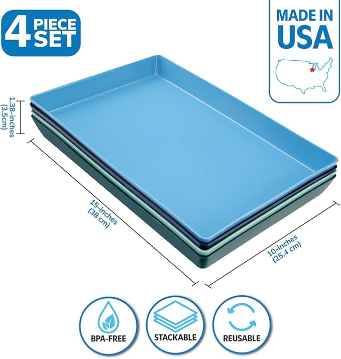 US Acrylic Coastal Plastic Serving Trays (Set of 4) 15” x 10” | Large Unbreakable Reusable Rectangular Party Platters | Serve Appetizers, Fruit, Veggies, & Desserts | BPA-Free & Made in USA