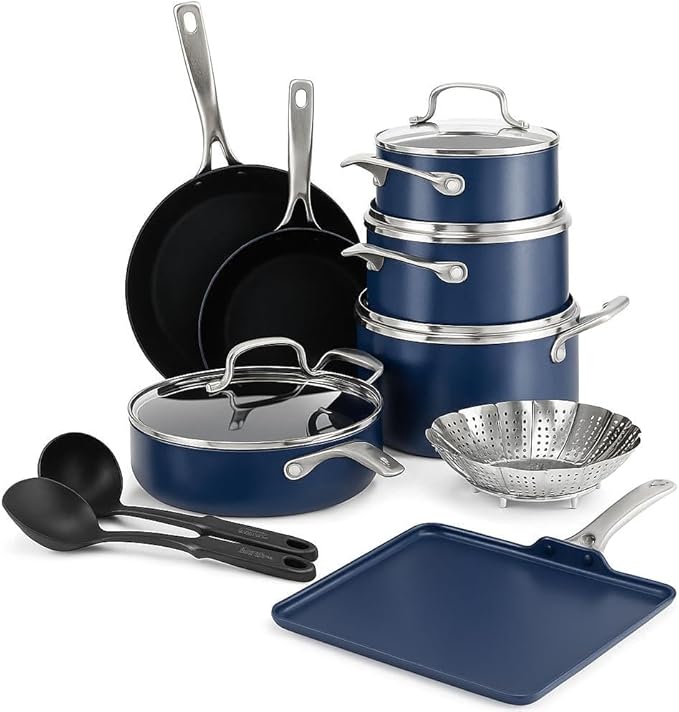 Blue Diamond 14 Piece Nonstick Cookware Set & 11" Griddle Pan, Diamond Ceramic Pots & Pans, Dishwasher & Metal Utensil Safe, Non Toxic PFAS-Free, Kitchen Cooking Sauce & Saute Pans, Oven 600F, Blue